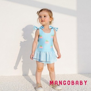 MG-Kid Girl Nơ Đồ Bơi Sọc Chanh Cupcake In Hình Cổ Chữ U Không Tay Xù Bộ Đồ Tắm Dễ Thương Đi Biển