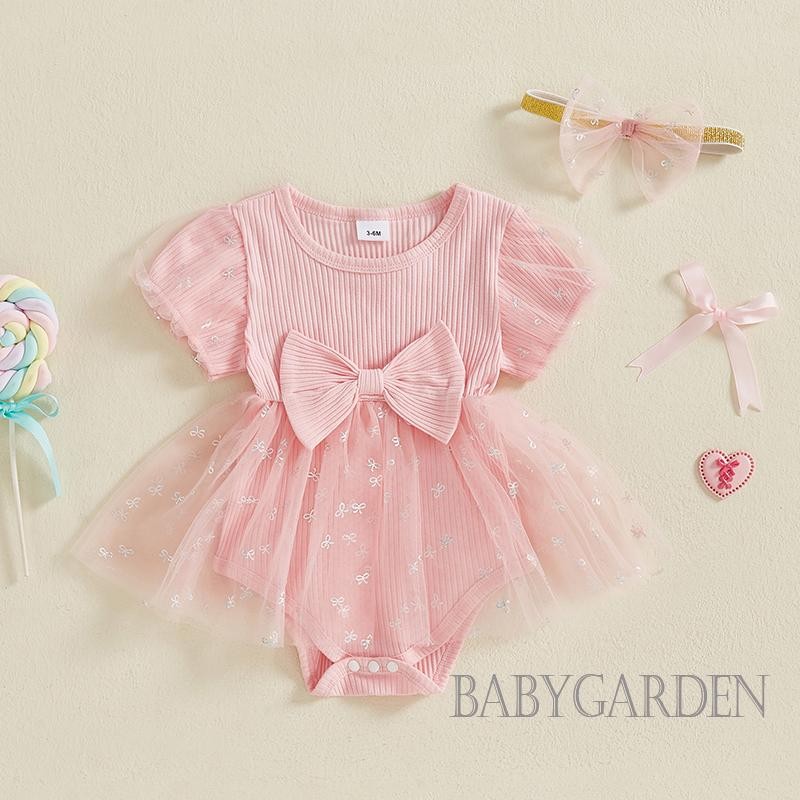 / / -Bộ áo liền quần mùa hè cho bé gái Áo liền quần ngắn tay chắp vá có băng đô dễ thương