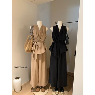 Mới Đơn Giản Không Tay Nẹp-Waist Ren-Up Top + Eo Co Giãn Cao Cấp Quần Ống Rộng Phù Hợp Với Hàng Ngày 2025 Thời Trang Mùa Hè Màu Trơn Có Thể