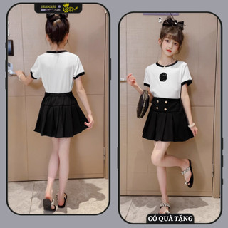 Áo tay ngắn cổ tròn phối chân váy xếp li 18-50kg 6-14 tuổi mẫu  HOA TRÀ.Set váy áo cho bé gái. TT3