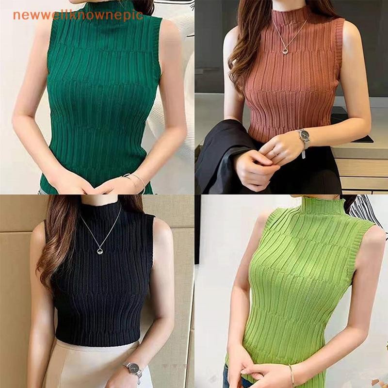 Newwellknownepic Thời Trang Nửa Cổ Cao Cổ Dệt Kim Top Mùa Hè Nữ Màu Trơn Áo Vest VN