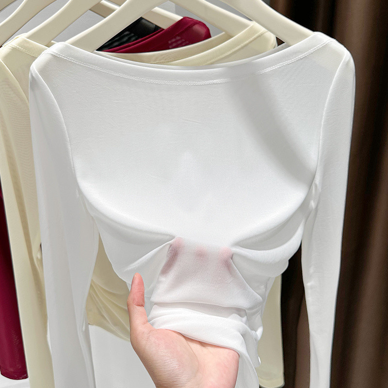 Milyfashion Co Giãn Cao Slim-fit Slimmer Look Encore Red Pure Desire Slanted Vai Cổ Phẳng Áo Thun Nữ Mờ Gạc Dây Dài Tay Top