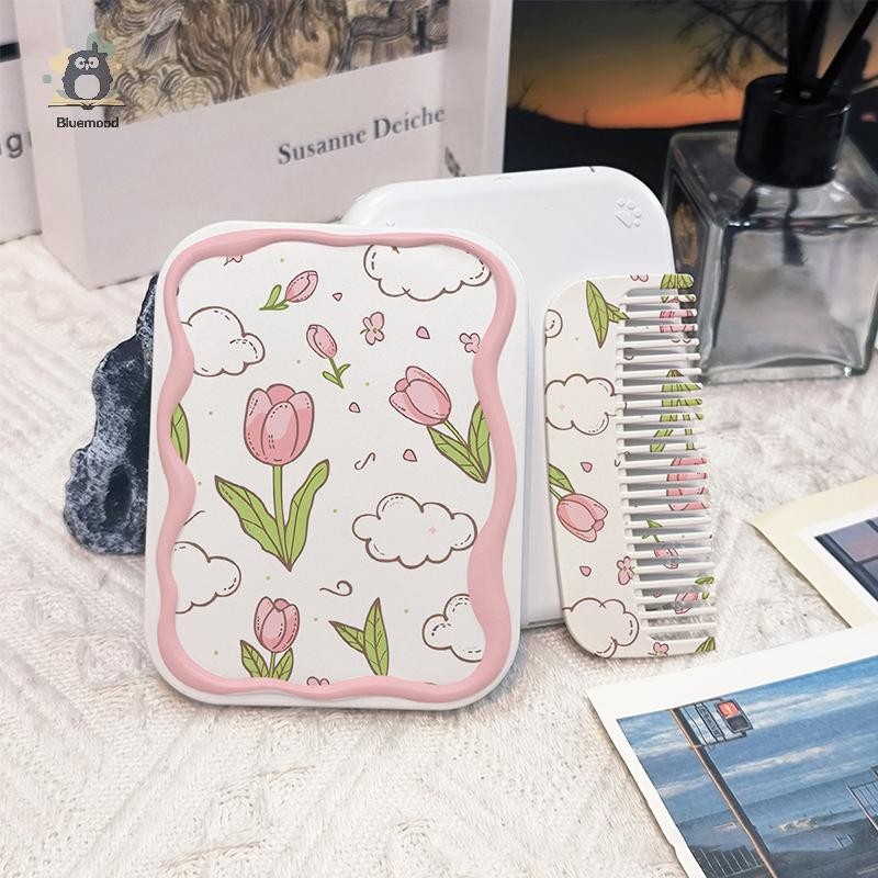 [Bluemood] Hoa Flip-Top Gấp Gương Trang Điểm Di Động Bỏ Túi Gương Nữ Hình Chữ Nhật Mỹ Phẩm Trang Điểm Gương Có Lược Mới