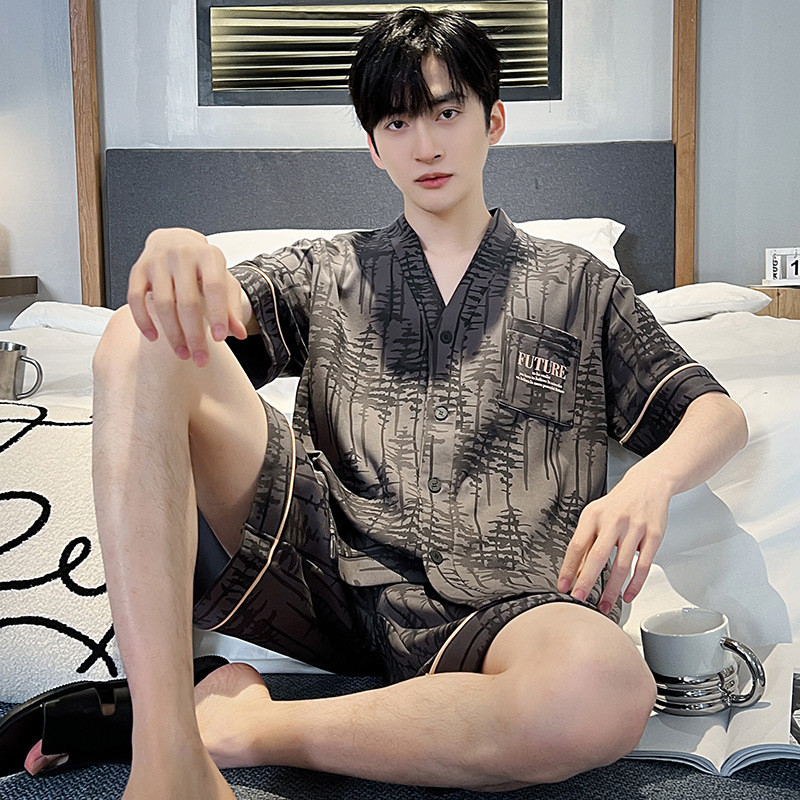 Bộ đồ ngủ nam Cotton nguyên chất Bộ đồ ngắn tay 2024 Áo len Cardigan thông thường mới