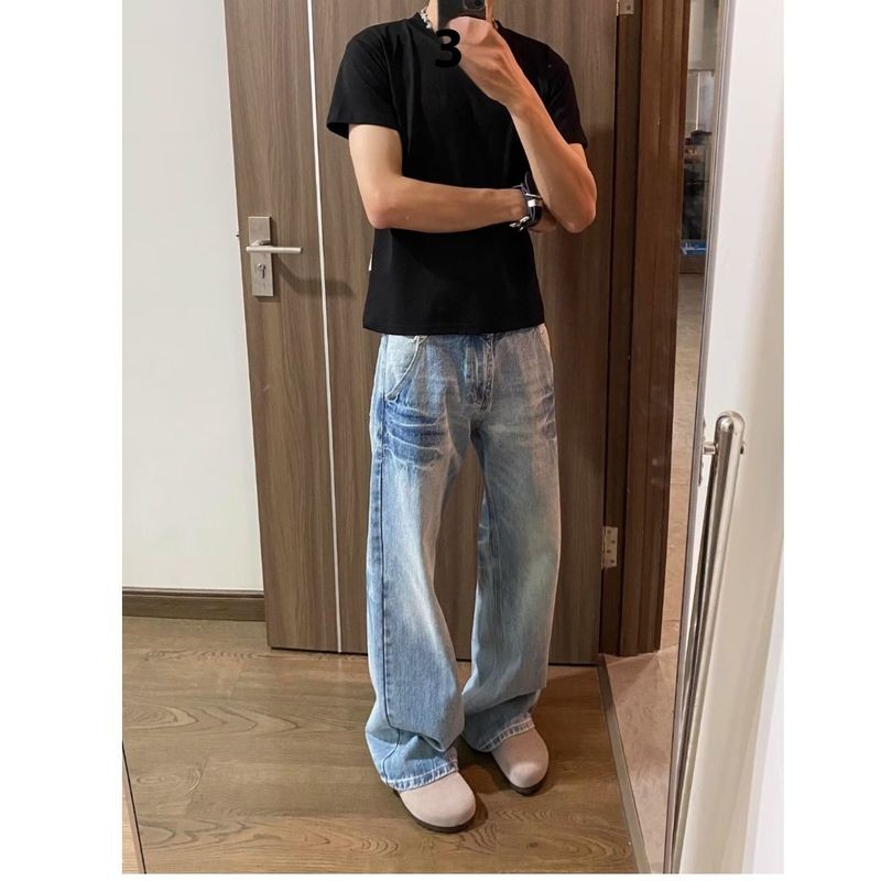 ThaliaWisp Quần Jean Nam Mỹ Retro High Street Lightning Crack Thiết Kế Quần Dài