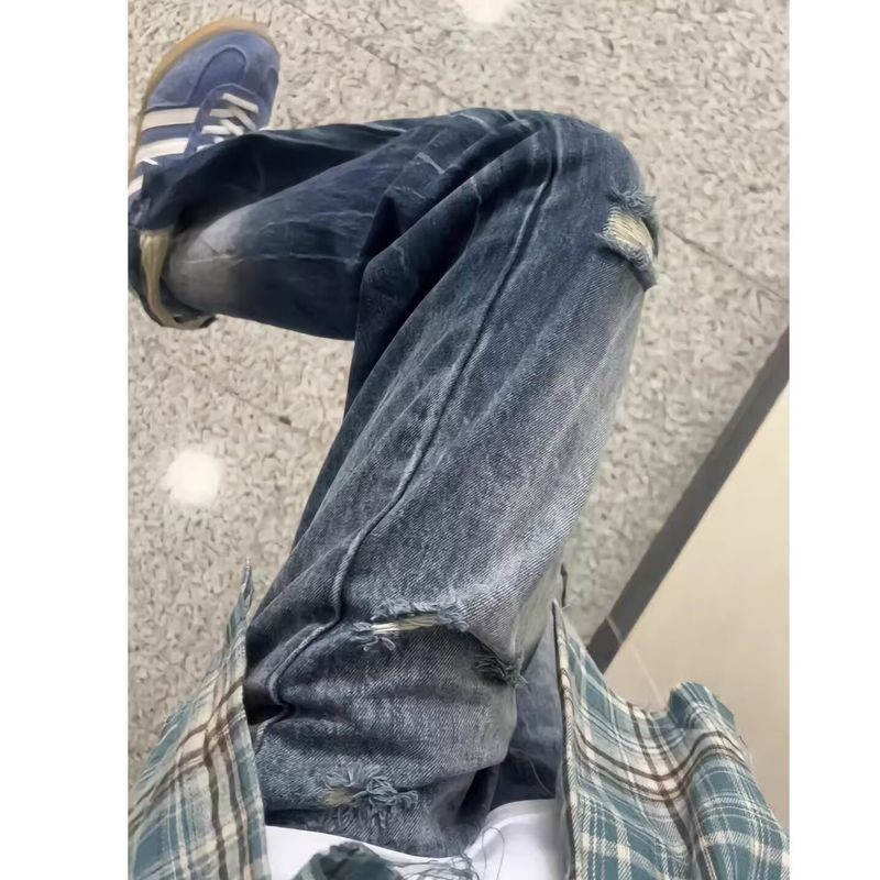 ThaliaWisp Quần Jean Nam American High Street Lightning Họa Tiết Rách Mới Giặt Quần Dài Cổ Điển