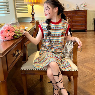 Đầm thun bé gái kẻ sọc retro – Váy suông không tay phong cách năng động mùa hè