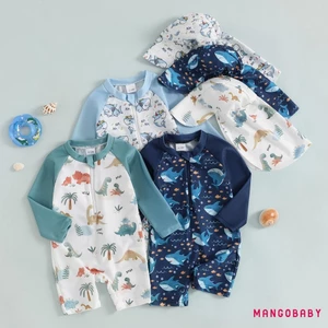 MG-Toddler Bé Trai Rash Guard Đồ Bơi Khủng Long / Cá Mập In Hình Dài Tay Zip Bộ Đồ Tắm Có Mũ Bơi