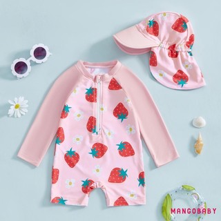 MG-Toddler Girl Áo tắm dài tay in hoa / Flamingo nửa dây kéo chống đóng cọc Rash Guard Đồ bơi Sunhat Set
