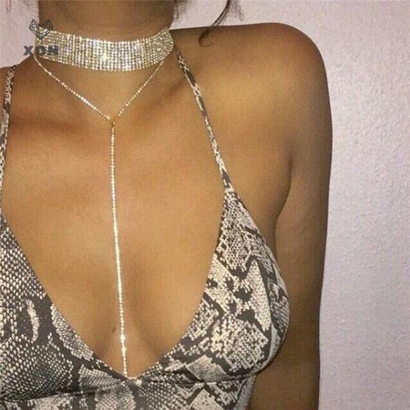 XON Vòng cổ choker đính đá pha lê nhân tạo thời trang