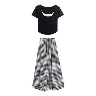 S-4XL Size Lớn Quần + Áo Thun Nữ Kiểm Tra Thường Ngày Mùa Hè Phù Hợp Với Nữ Dáng Rộng Ôm Hơn Nhìn Lười Phong Cách Ngắn Tay Top Váy Kiểm Tra Quần Thể Thao Bộ Đồ Hai Mảnh Hợp Thời Trang Quần Áo Nữ Hơi Béo