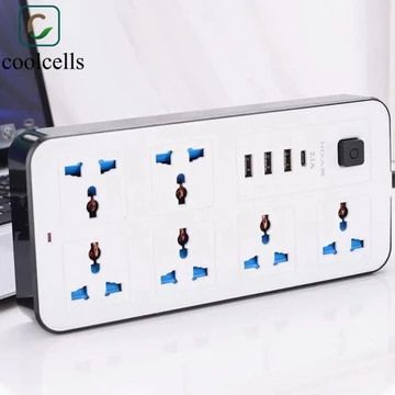 Coolcells Power Multi Tap, Dải nguồn mở rộng 2m đa năng, Bảo vệ chống sét 6 ổ cắm AC & 3 nút nguồn USB An toàn EU US UK Ổ cắm điện Văn phòng