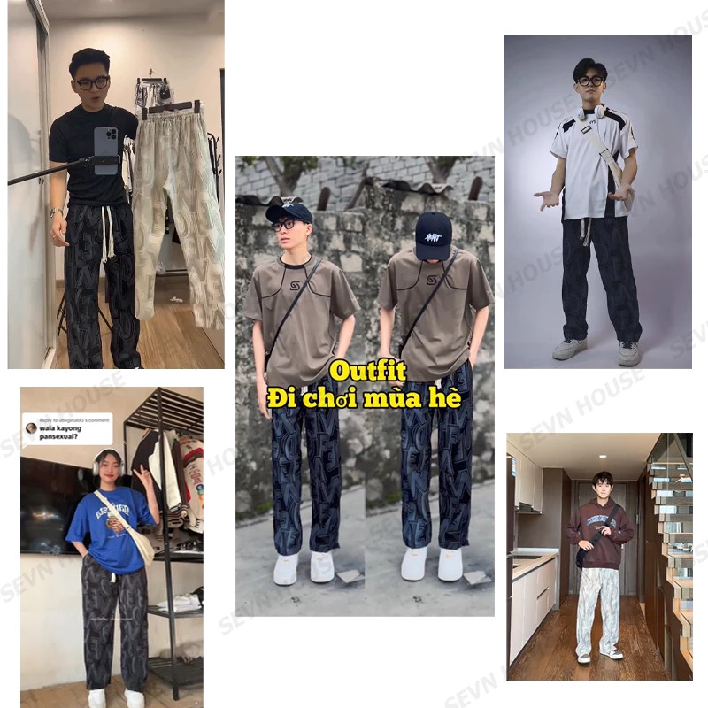 ThaliaWisp Quần dáng rộng họa tiết unisex Hiphop Quần dạo phố co giãn retro Mỹ