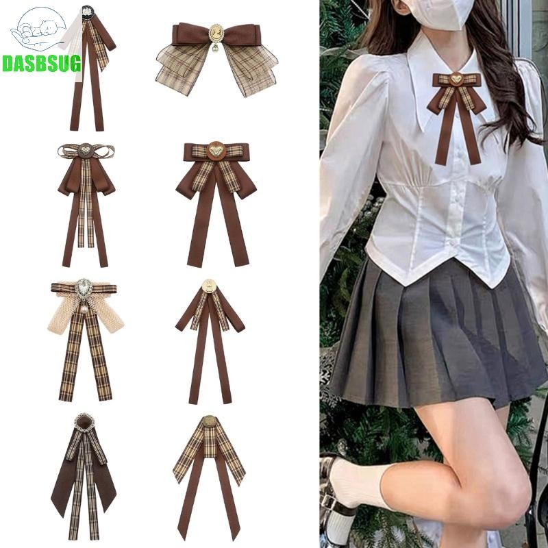 Dasbsug Nữ Cô Gái Màu Nâu Plaids Nơ Thắt Nơ Thổ Cẩm Pin Pre Buộc Cà Vạt Kẹp