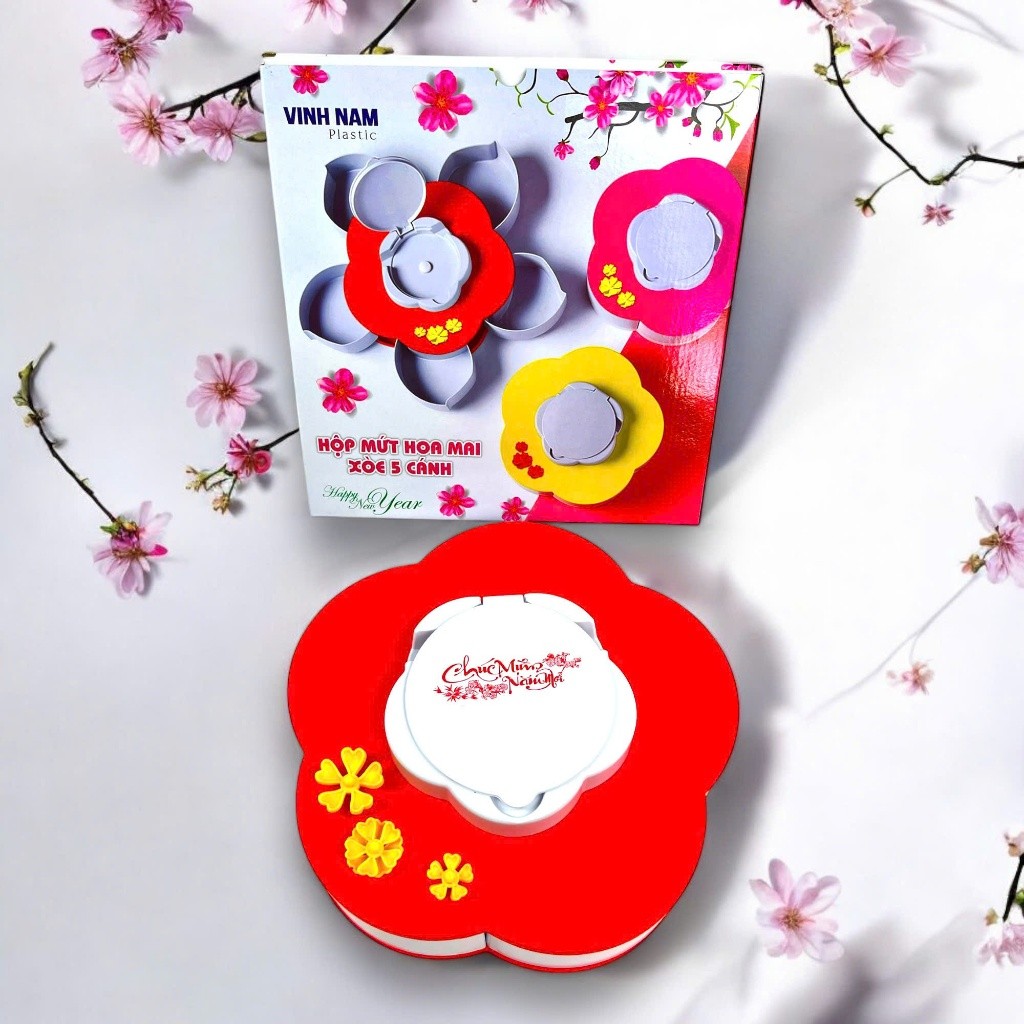 Hộp Đựng Mứt Tết Hoa Mai Xòe 5 Cánh Cao Cấp Vinh Nam Hộp Bánh Kẹo Khay Đựng Mứt Tết