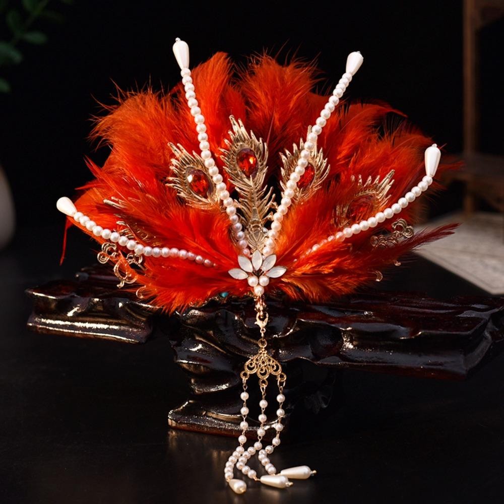 Vương Miện Tóc Hanfu ZENZON, Trang Sức Cổ Tích Kim Cương Giả Phoenix Coronet, Tua Rua Thanh Lịch Dân Tộc Vintage Peri Feather Tiara Bé Trai / Bé Gái