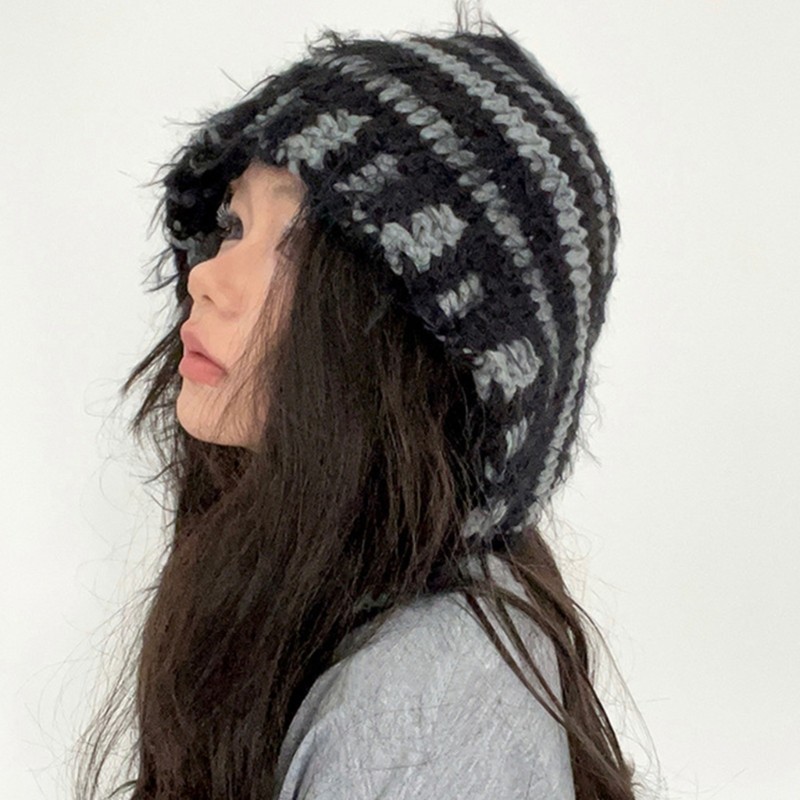 Beanie Sọc Dệt Kim Cho Nữ, Phù Hợp Mùa Đông Với Nắp Tai