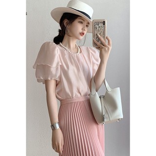2025 Mùa hè Pháp sang trọng áo blouse cổ tròn tay ngắn thiết kế thời trang đa năng cho phụ nữ