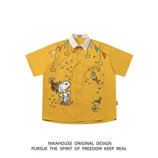 Áo sơ mi dáng rộng họa tiết Snoopy cổ điển, thoáng mát suốt mùa hè
