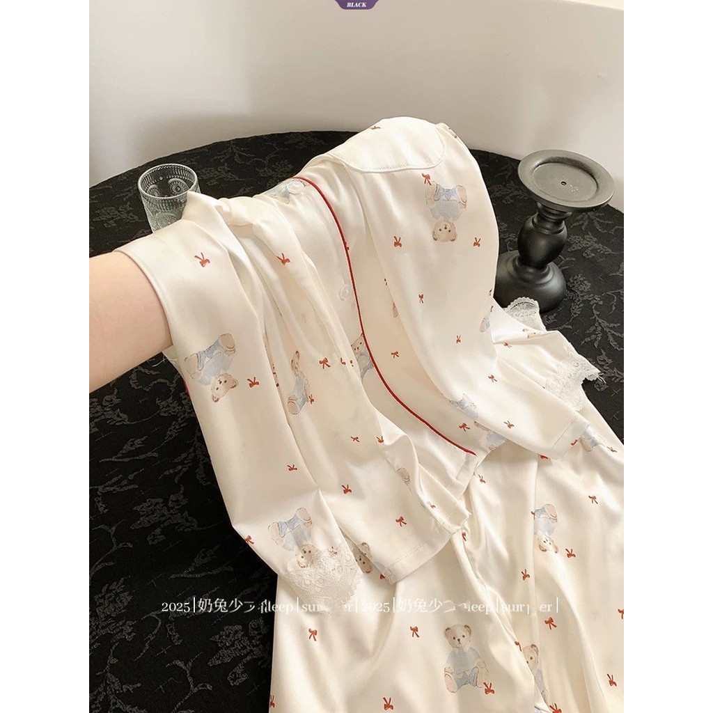 Ren Hoạt Hình Gấu Nơ Lớn Ice Silk Bộ Đồ Ngủ Nữ Xuân Hè 2025 Mới Dài Tay Mặc Ở Nhà [BL]