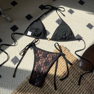Đồ Bơi Nữ Ren Đen Chia Vải Dây Hai Mảnh Bikini Đồ Bơi