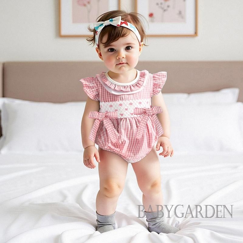 / / -Baby Bé Gái Rompers Nơ Thêu Kẻ Sọc Xù Cổ Tròn Tay Bay Quần Áo