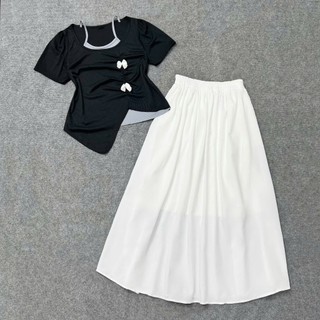 Set bigsize 2 món áo thun lớp trong đính nơ phối chân váy xòe dáng dài cho nàng cgupy xinh xắn SET(A278+CV15)
