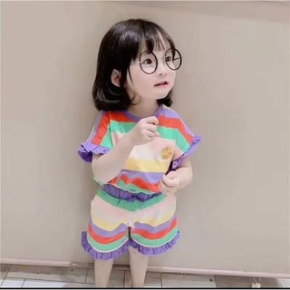 (6m-12Yrs) Bộ đồ thường ngày cho bé gái Áo ngắn tay + Quần Bộ hai mảnh sọc cầu vồng thêu Waveselvedge Quần áo trẻ em