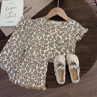 Bộ đồ ngủ màu tương phản dành cho bé gái mẫu mỏng mùa hè, đồ mặc nhà cho bé gái phong cách công chúa hoa nhí, bộ đồ hai chiếc ngắn tay
