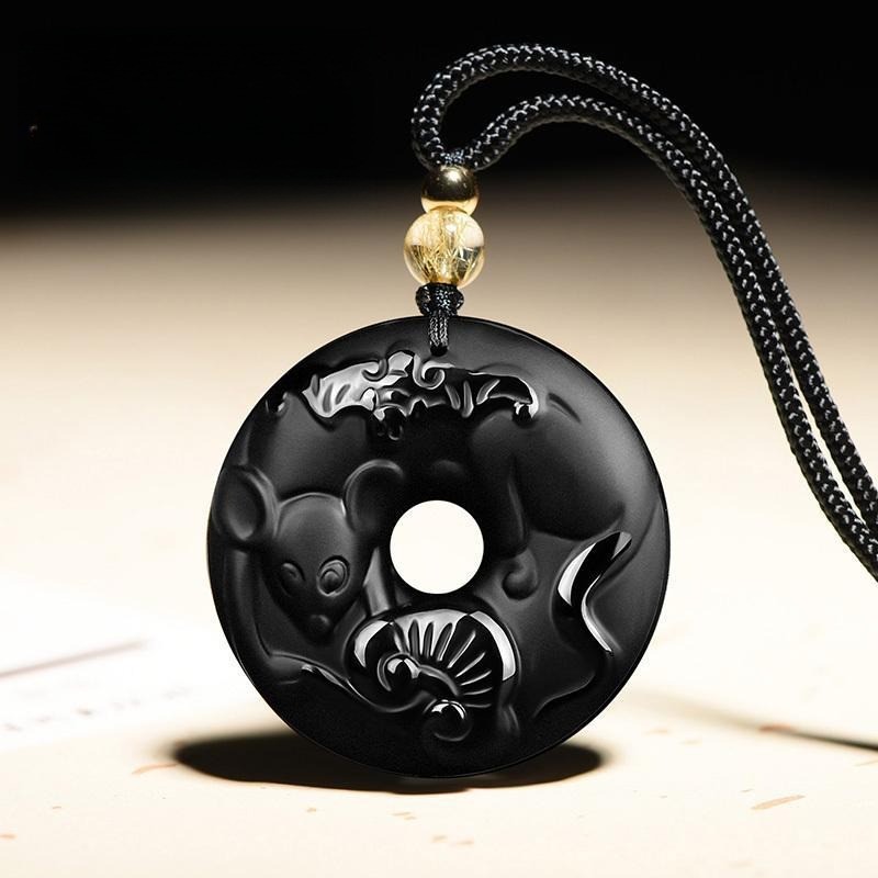 Tự Nhiên Obsidian Cung Hoàng Đạo Khóa An Toàn Mặt Dây Chuyền Nam Nữ Vòng Cổ