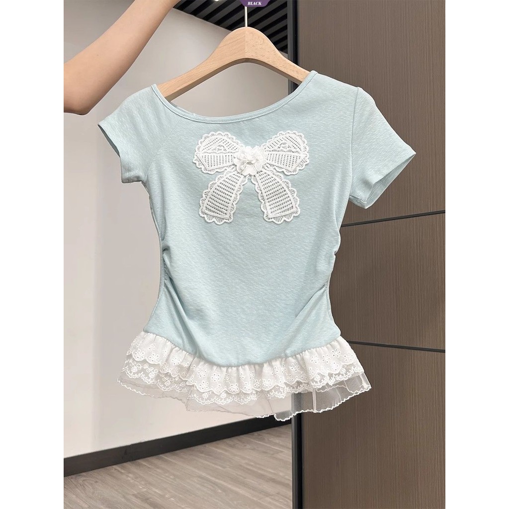 Ngọt Ngào Slant Vai Ren Áo Thun Nữ Mùa Hè Mới Ôm Nơ Thiết Kế Sense Niche Top Tide [BL]