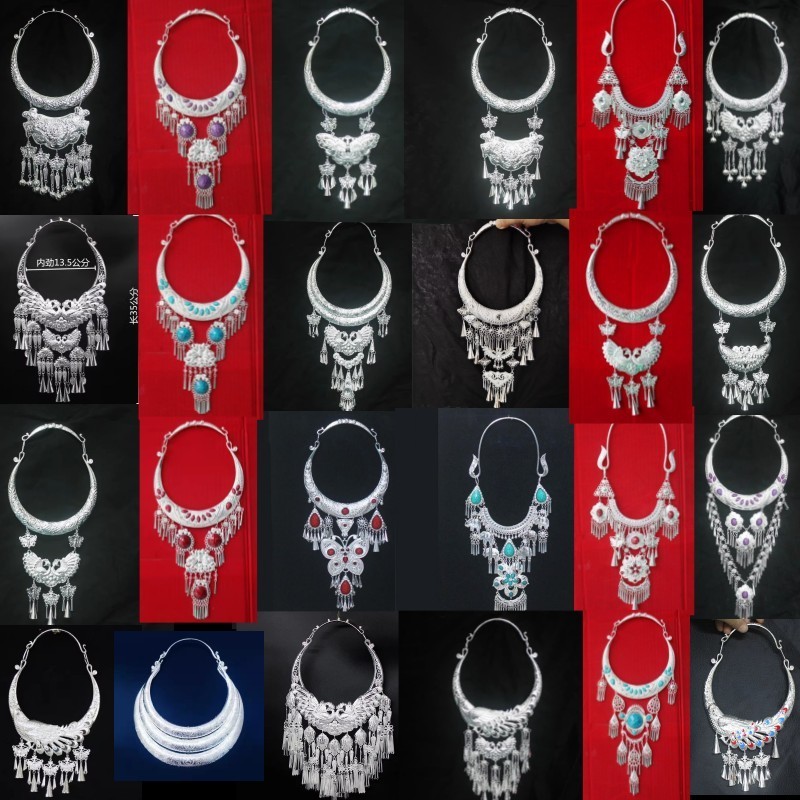 Phong cách dân tộc Miao, cổ điển, choker lớn bằng bạc Miao, phụ kiện múa Miao độc đáo, dây chuyền nữ Q9UW