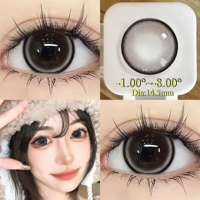 Set 2 Kính Áp Tròng Màu Đen contact lenses 0~ -8.00 black len 14.2mm lens cận lens nâu bean black 024