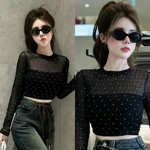 Áo lưới nhũ kim tuyến dài tay siêu cá tính và trẻ trung dành cho nàng Top Nữ Women Đen Sơ Mi