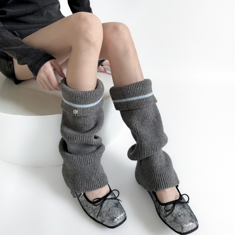 Dasbsug Thời Trang Vòng Tay Sọc Dệt Kim Chân Ấm Có Nút Kim Loại Cho Nữ Slouchy Chân loe Tay Áo Boot Có