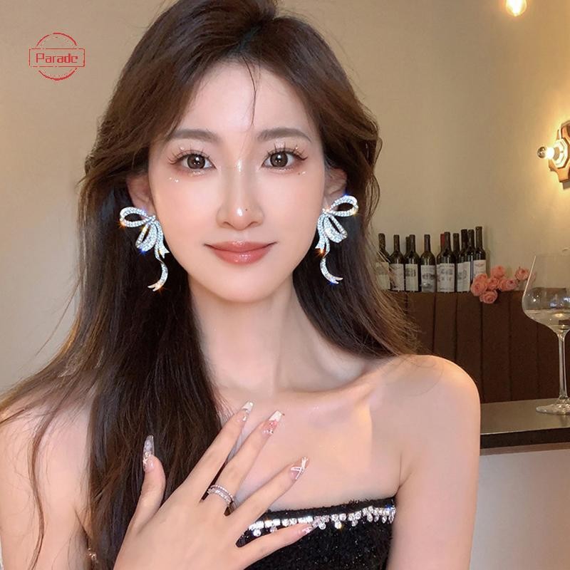 Diễu Hành 1 Full Kim Cương Giả Nơ Mặt Dây Chuyền Bông Tai Nữ Phóng Đại Thanh Lịch Nơ Dài sel Bông Tai Trang Sức VN