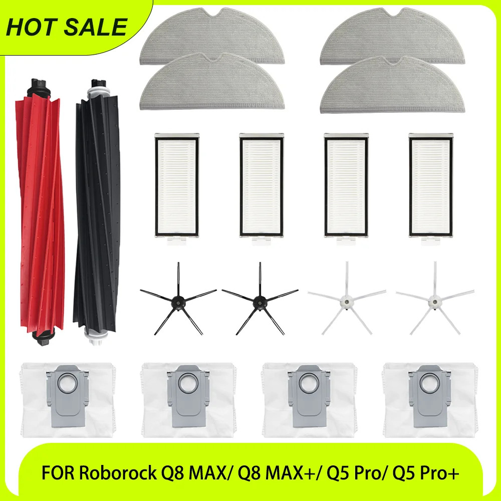 Phụ tùng thay thế Phụ kiện cho máy hút bụi Roborock Q5 Pro + / Q8 Max +, Bàn chải chính, Bàn chải bên, Máy lọc Hepa, Túi đựng bụi, Cây lau nhà
