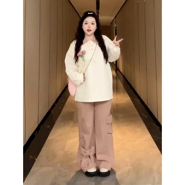 【Bess's house-bigsize】áo bigsize nữ áo kiểu+quần ống rộng bigsize，set đồ nữ bigsize，set bigsize nữ sang chảnh，Bộ đồ thời trang nữ mùa thu plus size mới 2024 áo dài tay + quần ống thẳng thời tran