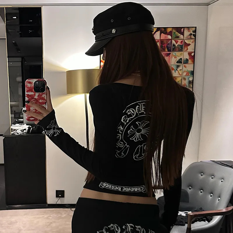 Y2k cô gái cay bó sát in hình áo thun dài tay dành cho nữ, cổ tròn, thắt lưng cinched, bên trong