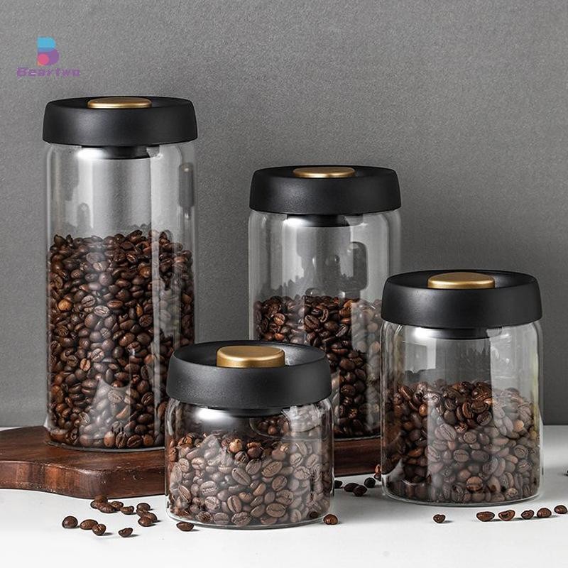 < Beartwo > Bình kín chân không Đậu cà phê Thủy tinh Hộp kín khí Thực phẩm Ngũ cốc Kẹo Giữ tươi Bình bảo quản Phụ kiện nhà bếp Đẹp