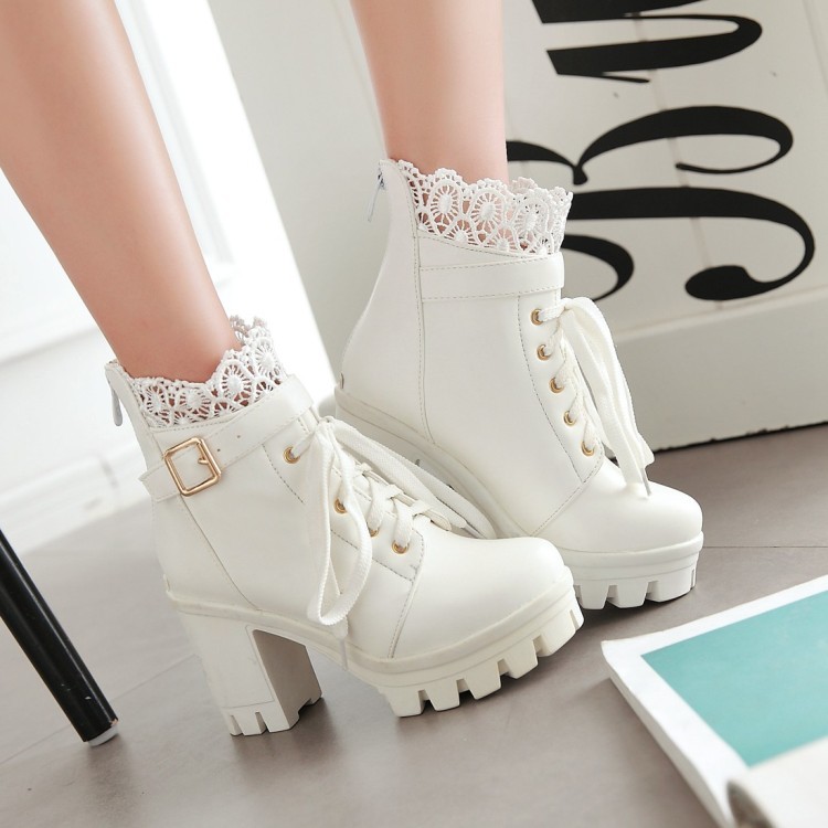 Cỡ 33-43 Size Lớn Size Nhỏ Size ngắn giày bốt đơn mùa xuân thu đông Giày Nữ Giày Bốt Martin dây buộc Gót Thô siêu cao gót Bốt ngắn phong cách Anh