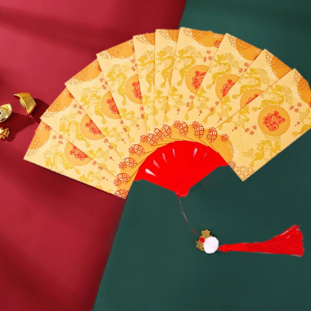 [6 / 10 CÁI] Phong bì màu đỏ hình quạt năm mới Phong bì màu đỏ gấp phong bì màu đỏ màu vàng Angpao Z4K8