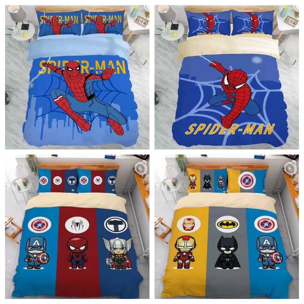 PS1 Marvel Spider-Man 3IN1 Ga trải giường Vỏ chăn gối Bộ chăn ga gối Phòng ngủ gia đình Bộ đồ Anime có thể giặt được SP1