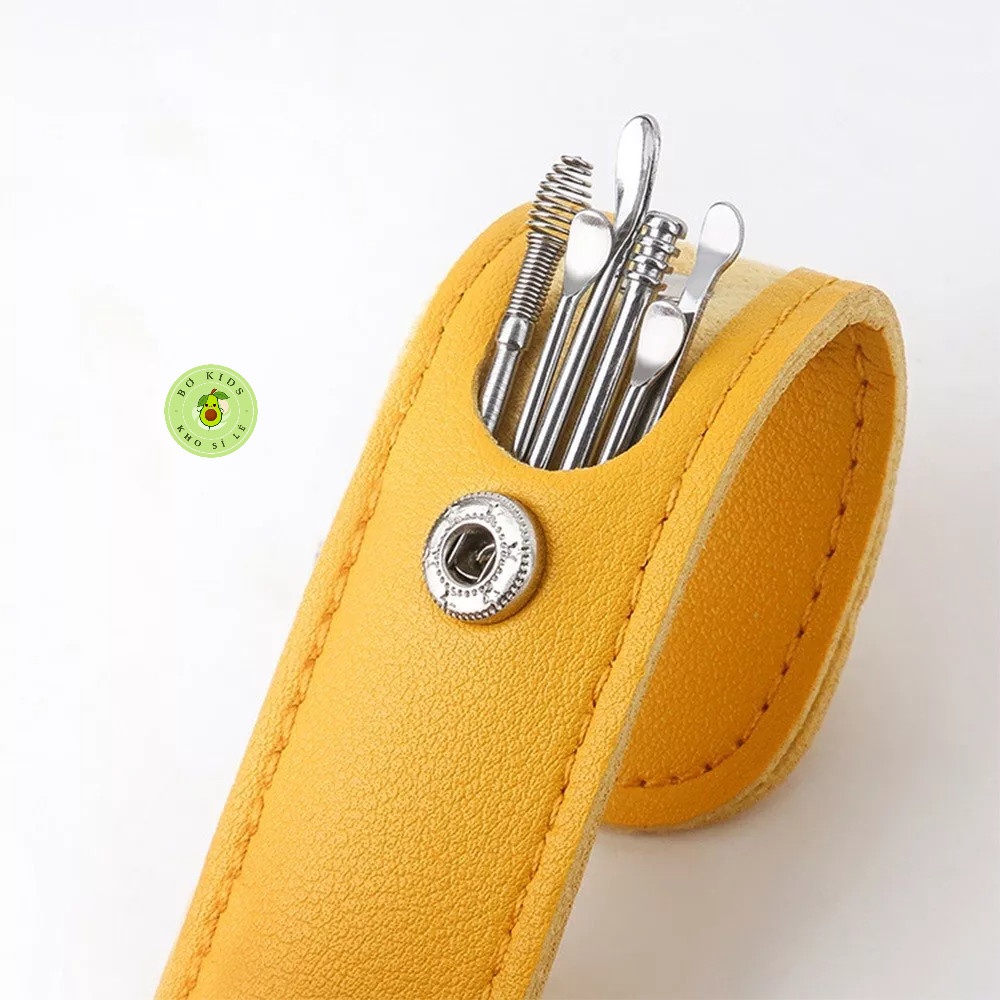 Bộ 6 Dụng Cụ Lấy Ráy Tai Cap Cấp Bọc Túi Da - Dụng Cụ Vệ Sinh Tai Bằng Thép Không Gỉ Tiện Dụng AMIZIN