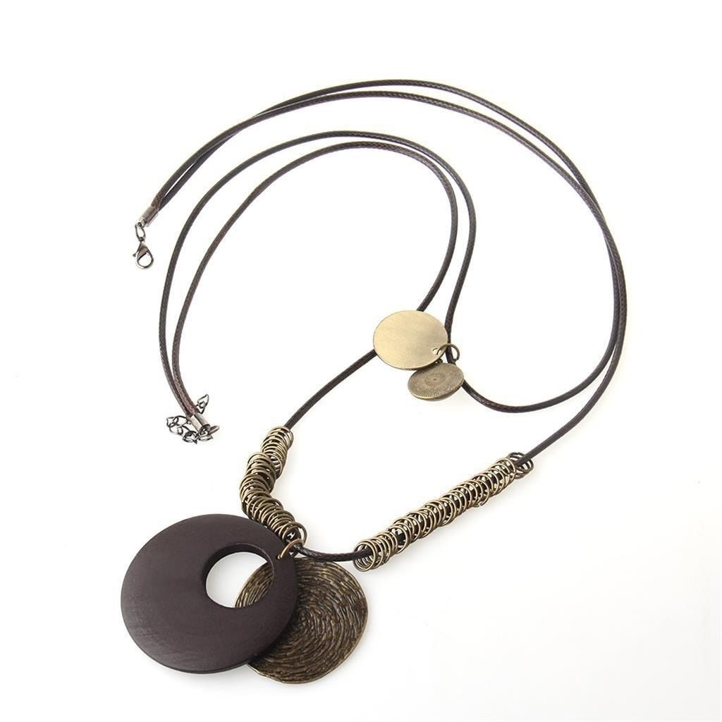 [3485 Người Đã Thích] Dây chuyền áo len gỗ phong cách rừng, phụ kiện vintage, phong cách Trung Quốc, dây chuyền dài với mặt dây chuyền tròn xếp chồng nhiều lớp, phong cách dân tộc URQQ