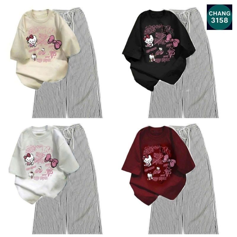 [ SẴN HÀNG ] Tổng hợp Sét Bộ Đồ Quần Đũi Kẻ Sọc +Mix áo Phông Mèo cute form rộng tay lỡ chất cotton-Chang3158