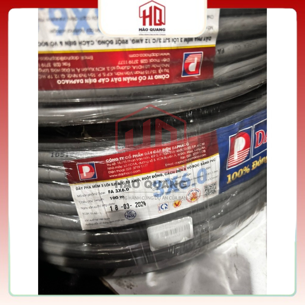 (Mét) Dây Điện Daphaco 3x6.0mm  | Dây 3 Lõi Bọc Xám Chống Cháy – Chịu Tải Cao