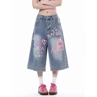 GKSSS Quần short denim mới kiểu Mỹ cổ điển dáng rộng in graffiti phong cách trung tính
