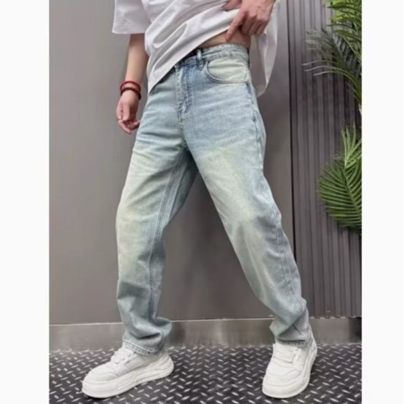 ThaliaWisp Quần jean nam hợp thời trang màu xanh nhạt co giãn thông thường