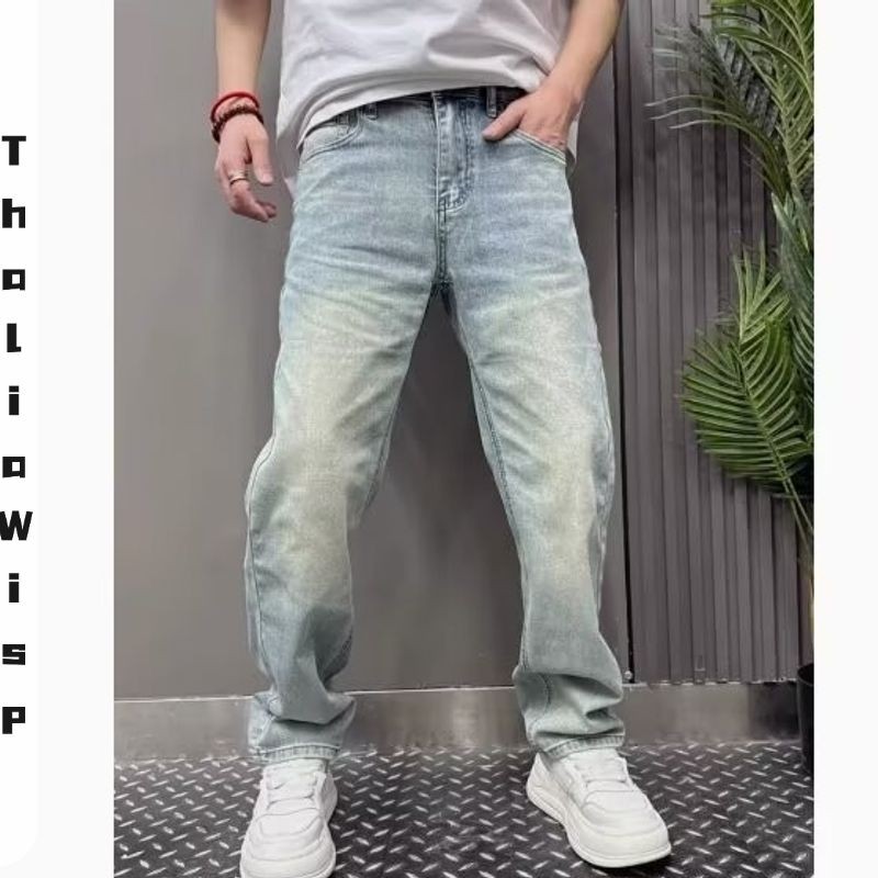 ThaliaWisp Quần jean nam hợp thời trang màu xanh nhạt co giãn thông thường
